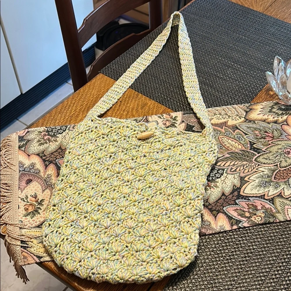 Handcrafted Cross Body Crochet Woven Shoulder Bag - Green Blue Pink and Yellow - Picture 2 of 10